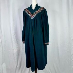 Vintage Vanity Fair Velour Housecoat zip front forest green gold metallic trim L